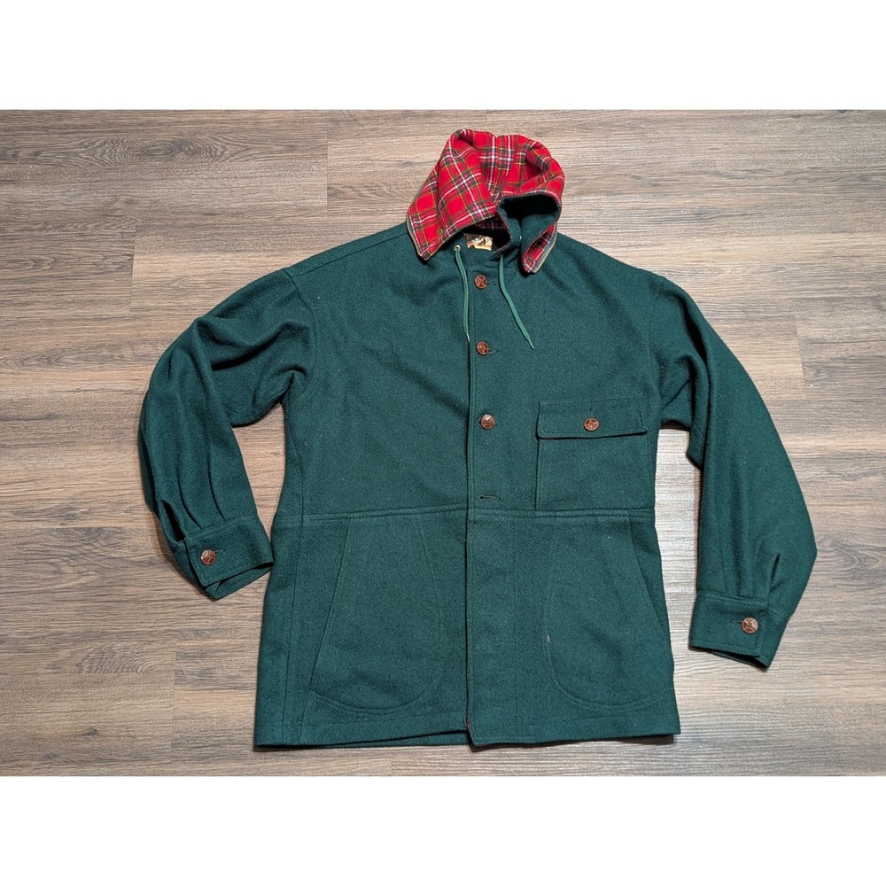 Vintage Lobo by Pendleton Jacket Coat Men M Green Wool Plaid Hooded Outdoors 70s